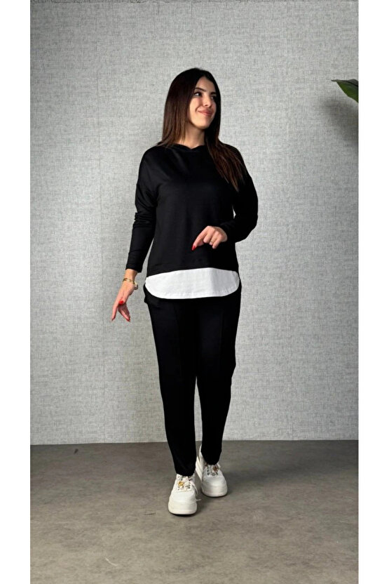 Kadın Uzun Kollu Kapşonlu Bağcıklı Viskon Iki Iplik Bluz Ve Pantolon Ikili Takım