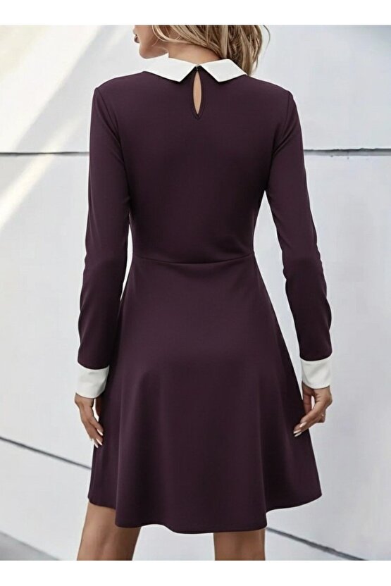 EQURİ Kadın Uzun Kollu Yakalı Düğmeli Mürdüm Modal Mini Elbise