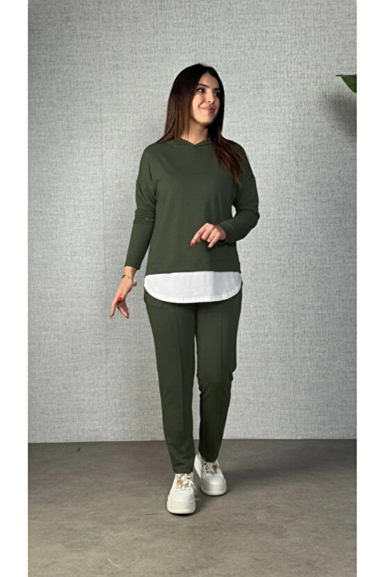 Kadın Uzun Kollu Kapşonlu Bağcıklı Viskon Iki Iplik Bluz Ve Pantolon Ikili Takım