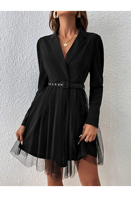 Kadın Uzun Kollu Yakalı Belinde Kemer Detaylı Mini Tüllü Ithal Krep Elbise