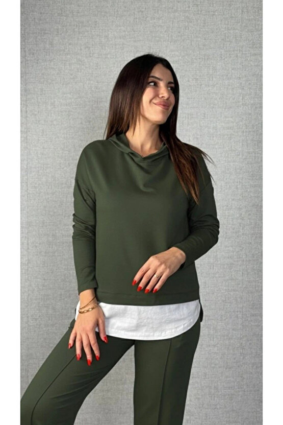 Kadın Uzun Kollu Kapşonlu Bağcıklı Viskon Iki Iplik Bluz Ve Pantolon Ikili Takım