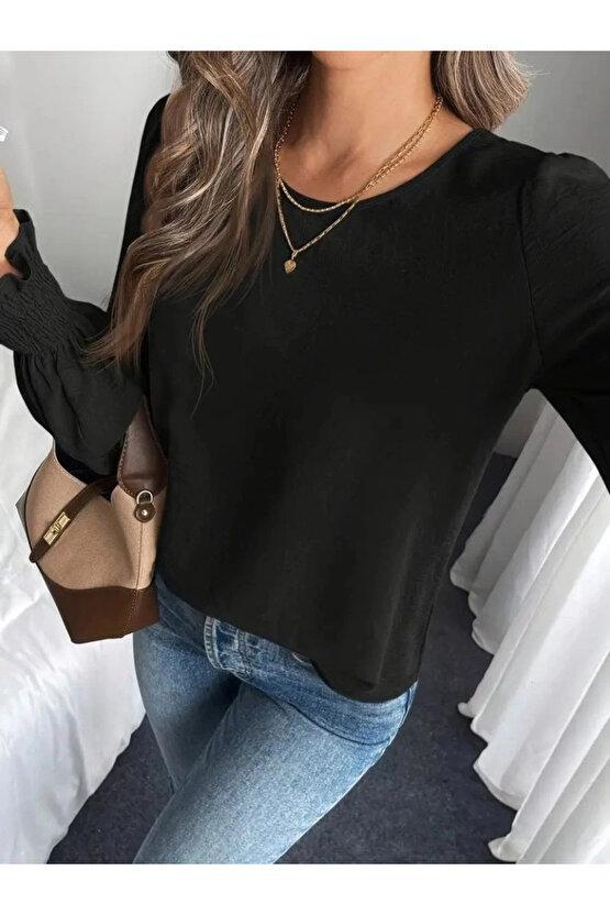 Kadın Uzun Kollu Yuvarlak Yaka Aerobin Bluz