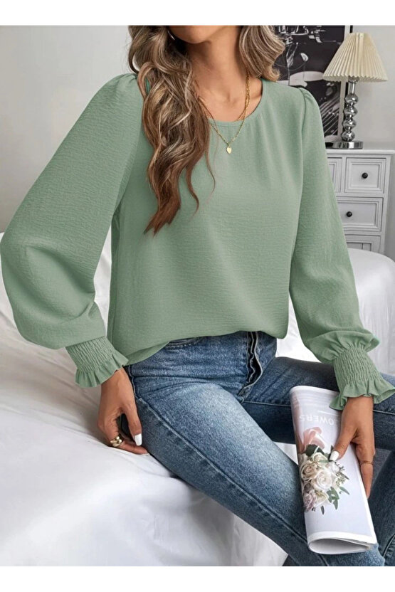 Kadın Uzun Kollu Yuvarlak Yaka Aerobin Bluz