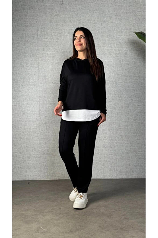 Kadın Uzun Kollu Kapşonlu Bağcıklı Viskon Iki Iplik Bluz Ve Pantolon Ikili Takım