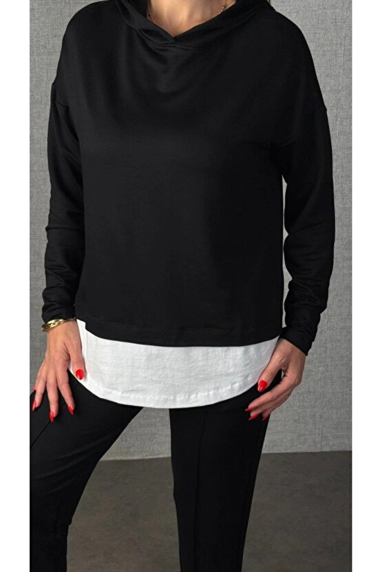 Kadın Uzun Kollu Kapşonlu Bağcıklı Viskon Iki Iplik Bluz Ve Pantolon Ikili Takım