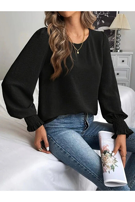 Kadın Uzun Kollu Yuvarlak Yaka Aerobin Bluz