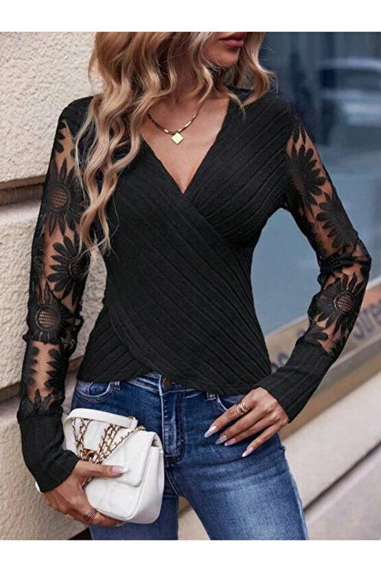 Kadın Uzun Kollu Kruvaze Yakalı şardonlu Kaşkorse Bluz