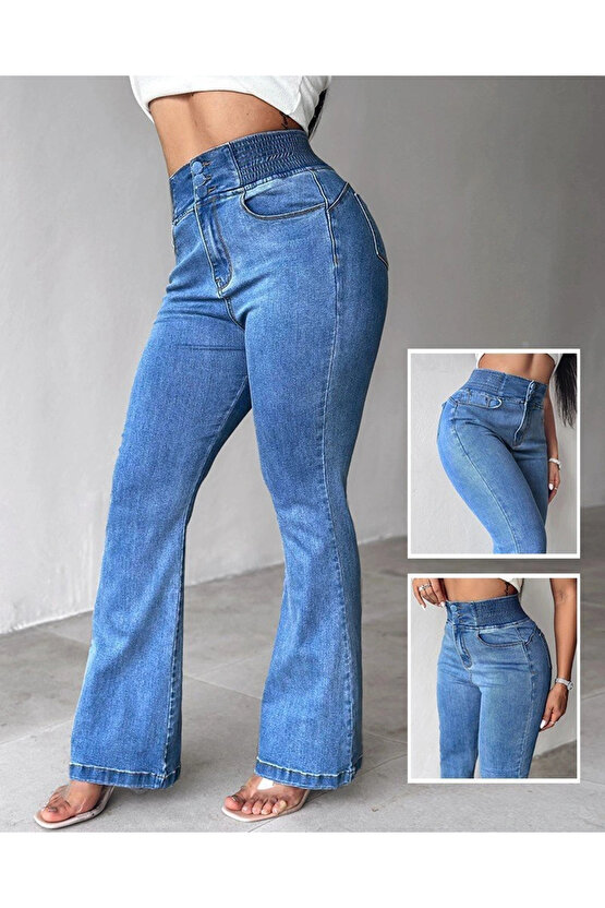 Kadın Yüksek Bel Yanları Lastik önü Düğmeli Kot Pantolon