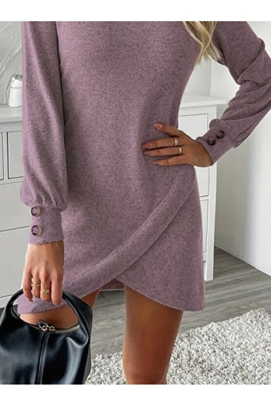 EQURİ Kadın Uzun Kollu Bisiklet Yaka önden Asimetrik Kesim Detaylı Mini Yumoş Elbise