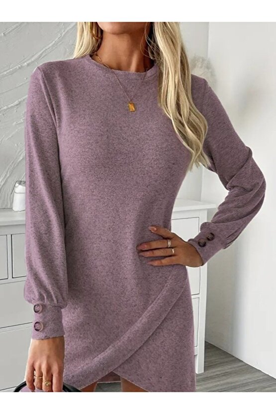 EQURİ Kadın Uzun Kollu Bisiklet Yaka önden Asimetrik Kesim Detaylı Mini Yumoş Elbise