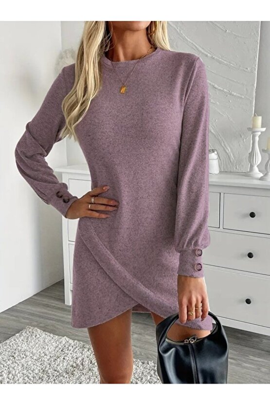 EQURİ Kadın Uzun Kollu Bisiklet Yaka önden Asimetrik Kesim Detaylı Mini Yumoş Elbise