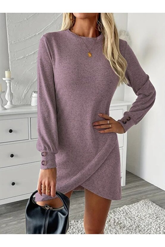 EQURİ Kadın Uzun Kollu Bisiklet Yaka önden Asimetrik Kesim Detaylı Mini Yumoş Elbise