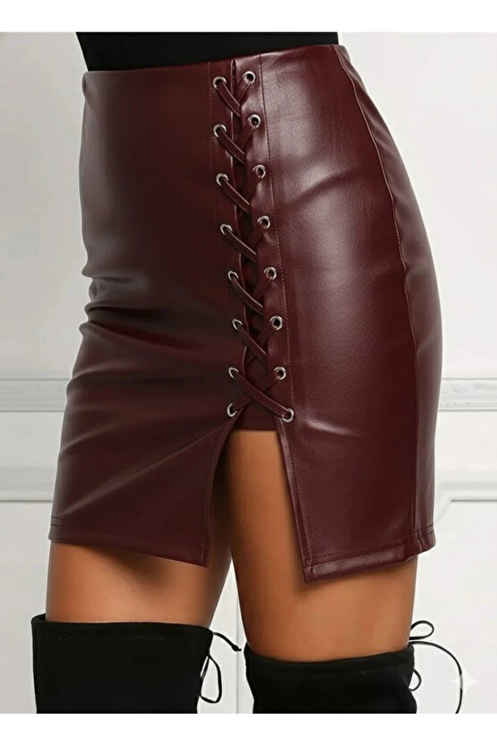 Kadın Yüksek Bel Yandan çapraz Bağcıklı Yırtmaçlı Mini Deri Etek