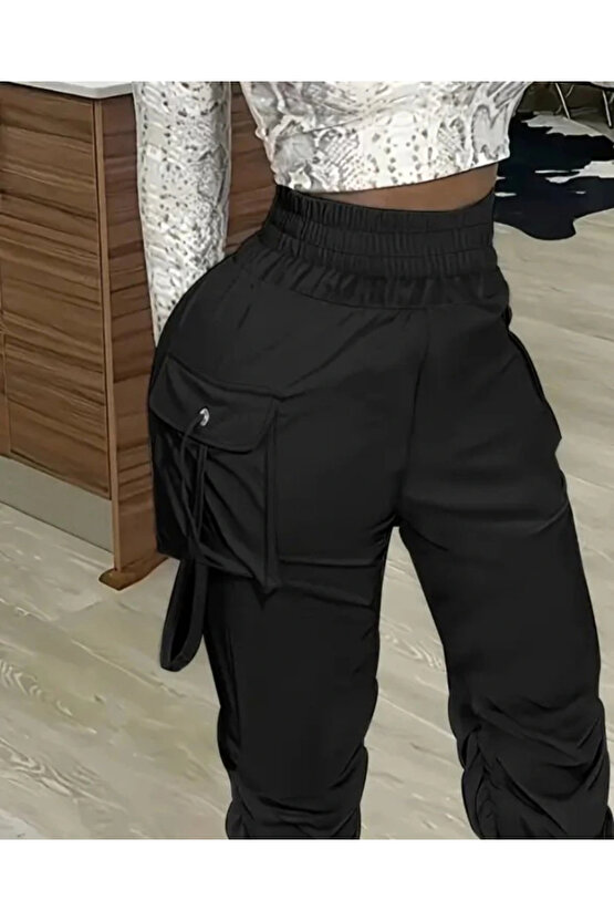 Kadın Yüksek Bel Beli Lastikli Kargo Cep Detaylı Gabardin Pantolon