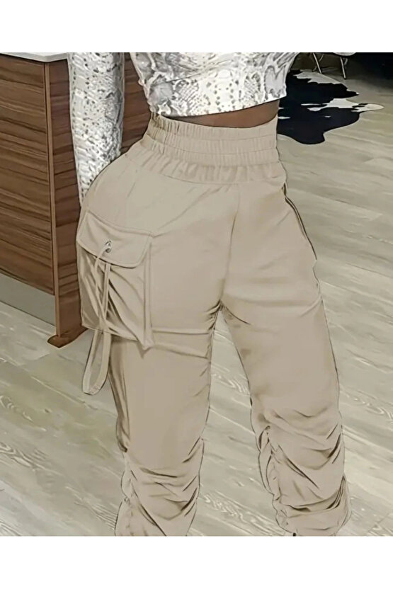 Kadın Yüksek Bel Beli Lastikli Kargo Cep Detaylı Gabardin Pantolon