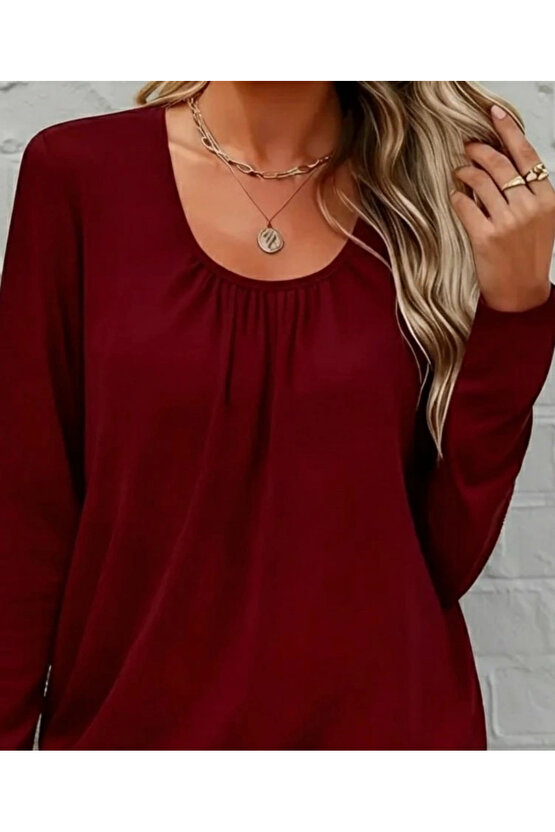 Kadın Uzun Kollu Yuvarlak Yakalı Viskon Bluz