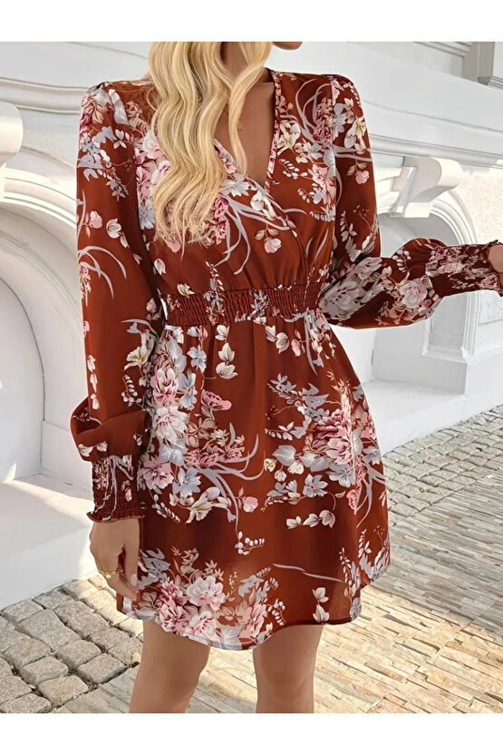 Kadın Uzun Kollu Kruvaze Yakalı çiçek Desenli Mini Süprem Elbise