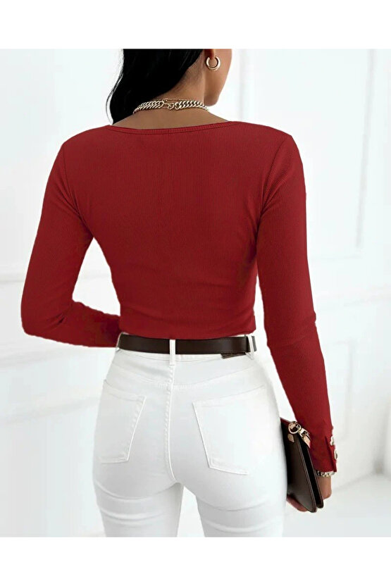 Kadın Uzun Kollu Yakadan Açık Ve Düğme Detaylı Kaşkorse Bluz