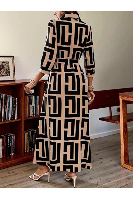 Kadın Uzun Kollu Yakalı önden Düğmeli Uzun Süprem Elbise