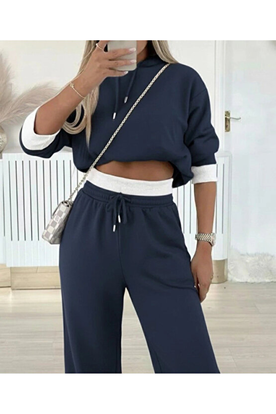 Kadın Uzun Kollu Kapşonlu Viskon Iki Iplik Füme Bluz Ve Pantolon Ikili Takım