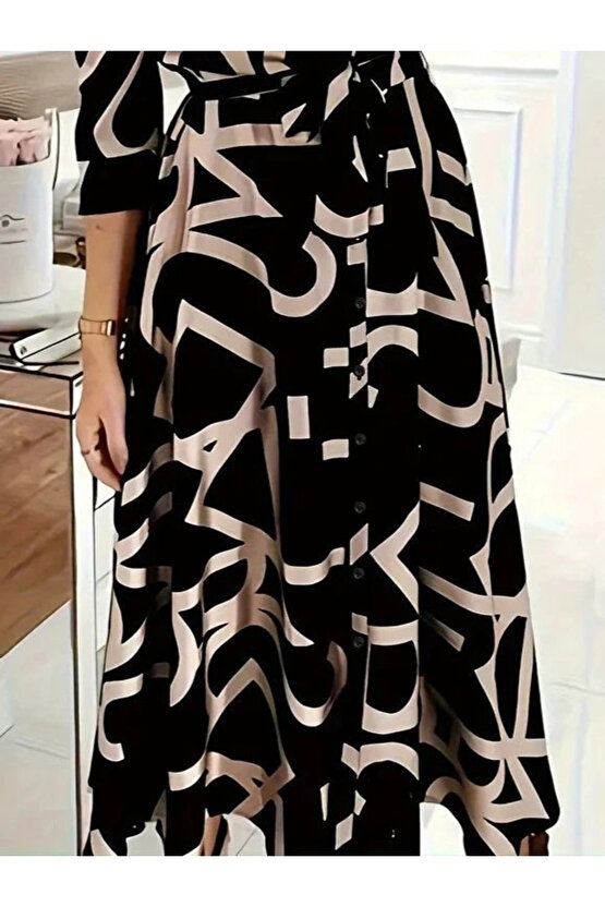 Kadın Uzun Kollu Yakalı önden Düğmeli Uzun Süprem Elbise