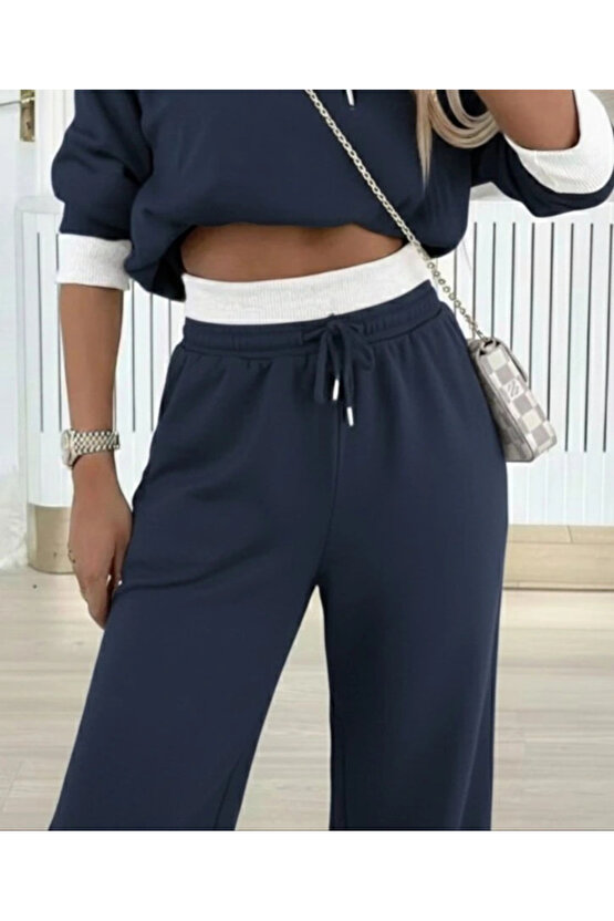 Kadın Uzun Kollu Kapşonlu Viskon Iki Iplik Füme Bluz Ve Pantolon Ikili Takım