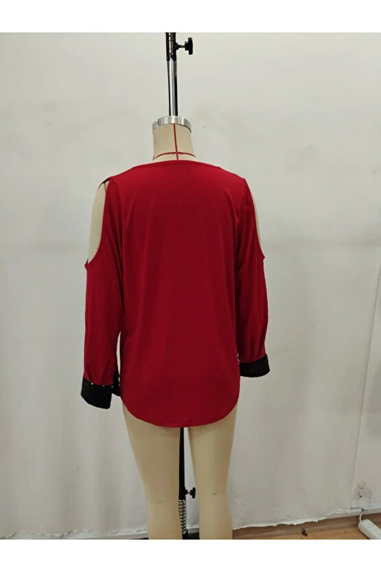 Kadın Uzun Kollu V Yakalı Omuzlardan Açık Sandy Bluz