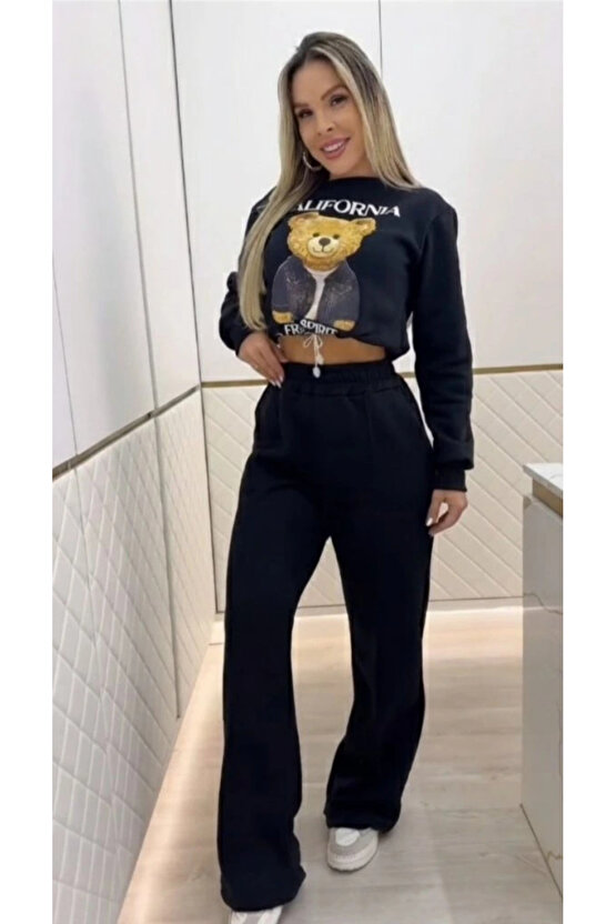 Kadın Uzun Kollu Bisiklet Yaka Desenli Iki Iplik şardonlu Bluz Ve Pantolon Ikili Takım