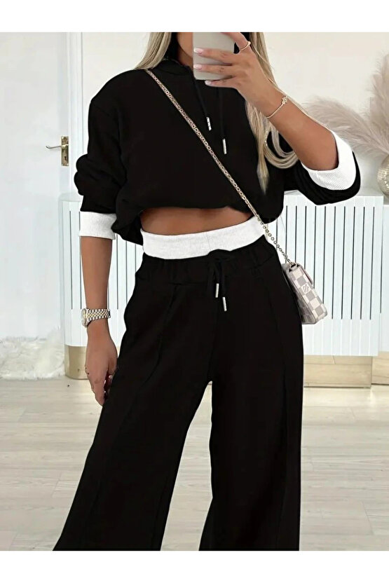 Kadın Uzun Kollu Kapşonlu Viskon Iki Iplik Bluz Ve Pantolon Ikili Takım