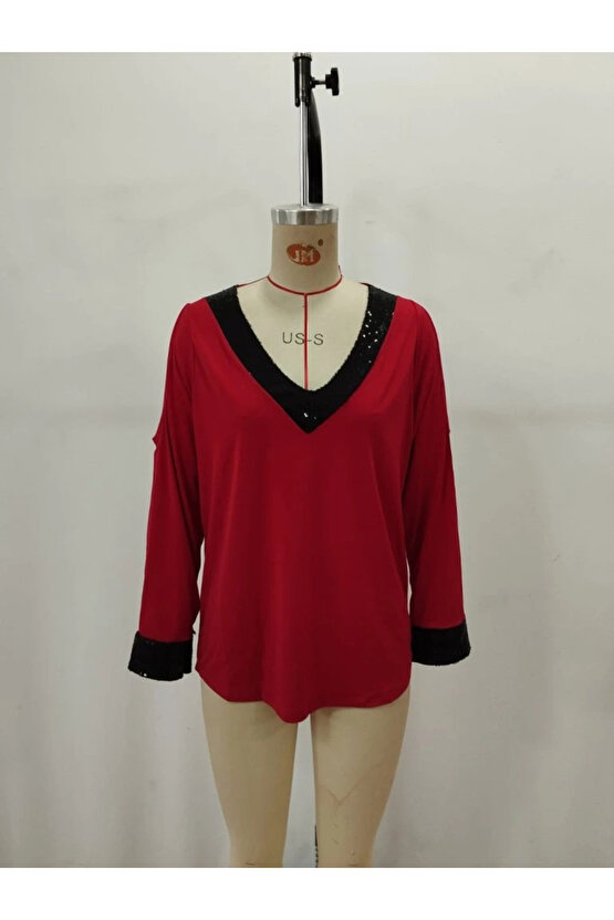 Kadın Uzun Kollu V Yakalı Omuzlardan Açık Sandy Bluz