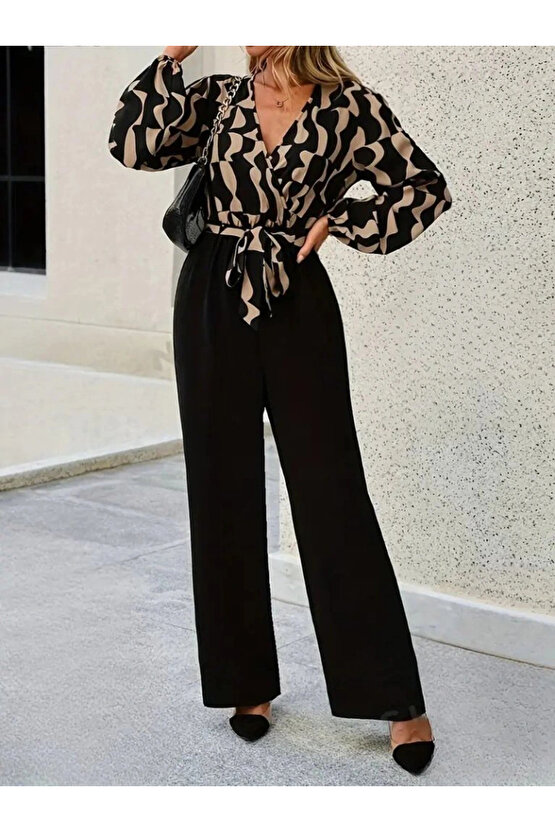 Kadın Uzun Kollu Kruvaze Yakalı Belden Kuşaklı üst Dalgıç Alt Ithal Krep Tulum