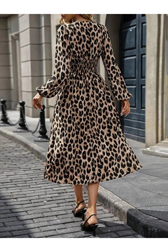 Kadın Uzun Kollu Kruvaze Yaka Belden Oturtmalı Midi Modal Leopar Desenli Elbise