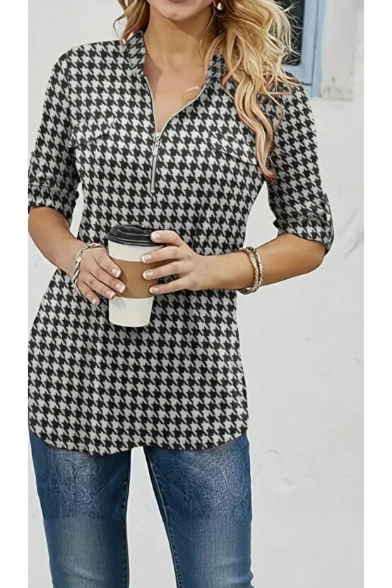 Kadın Uzun Kollu Hakim Yaka Yakadan Fermuarlı Geometrik Desenli Süprem Bluz