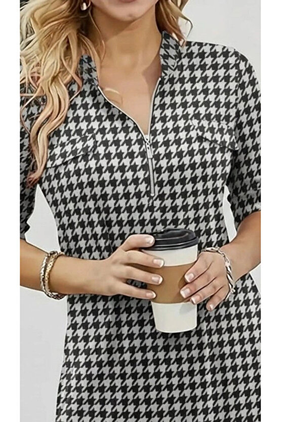Kadın Uzun Kollu Hakim Yaka Yakadan Fermuarlı Geometrik Desenli Süprem Bluz