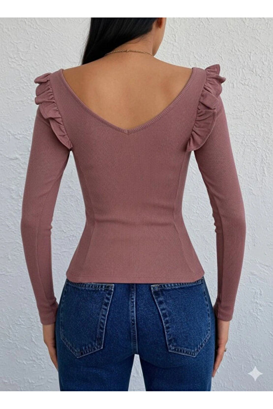 Kadın Omuz Fırfır Detay Uzun Kollu Bluz