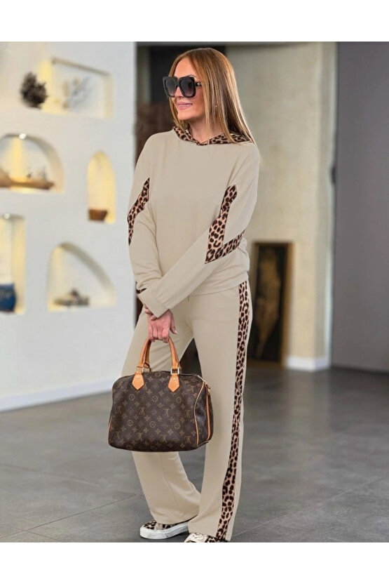 Kadın Uzun Kollu Leopar Detaylı Viskon Iki Iplik Eşofman Takımı