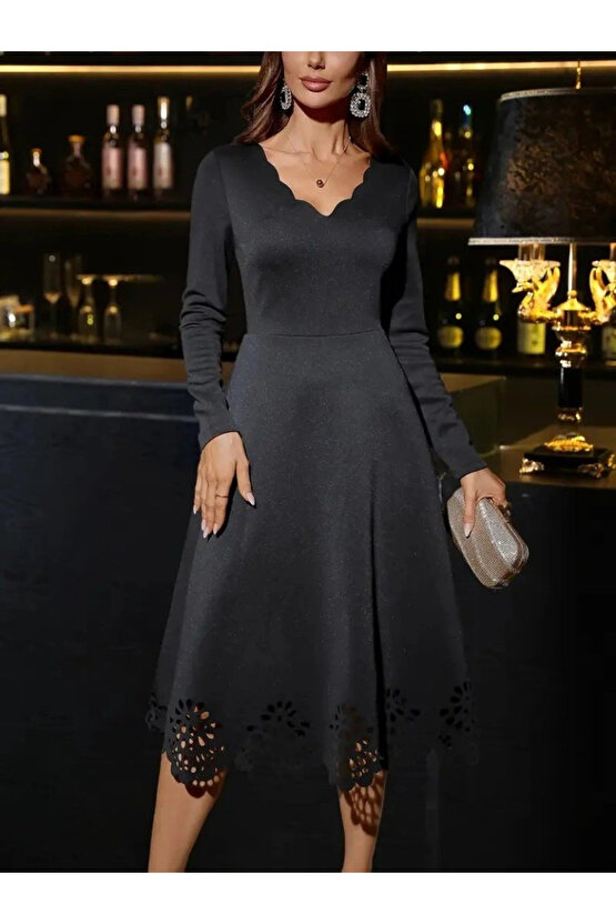 MDB Kadın Uzun Kollu V Yakalı Lazer Kesim Detaylı Midi Ithal Krep Elbise