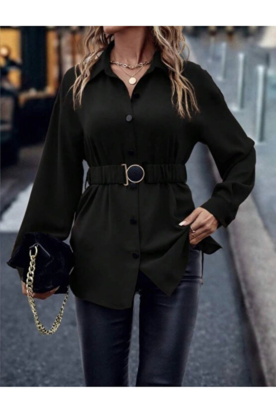 Kadın Uzun Kollu Yakalı önden Düğmeli Belden Kemerli Ithal Krep Bluz