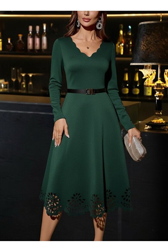 EQURİ Kadın Uzun Kollu V Yakalı Lazer Kesim Detaylı Midi Ithal Krep Elbise