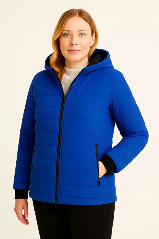 Kadın Şişme Kapüşonlu Fermuarlı Mont Su itici Kapitone Astarlı Kumaş Cepli Kışlık Rahat Kalıp - Saks