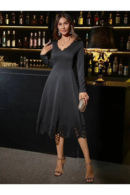 MDB Kadın Uzun Kollu V Yakalı Lazer Kesim Detaylı Midi Ithal Krep Elbise