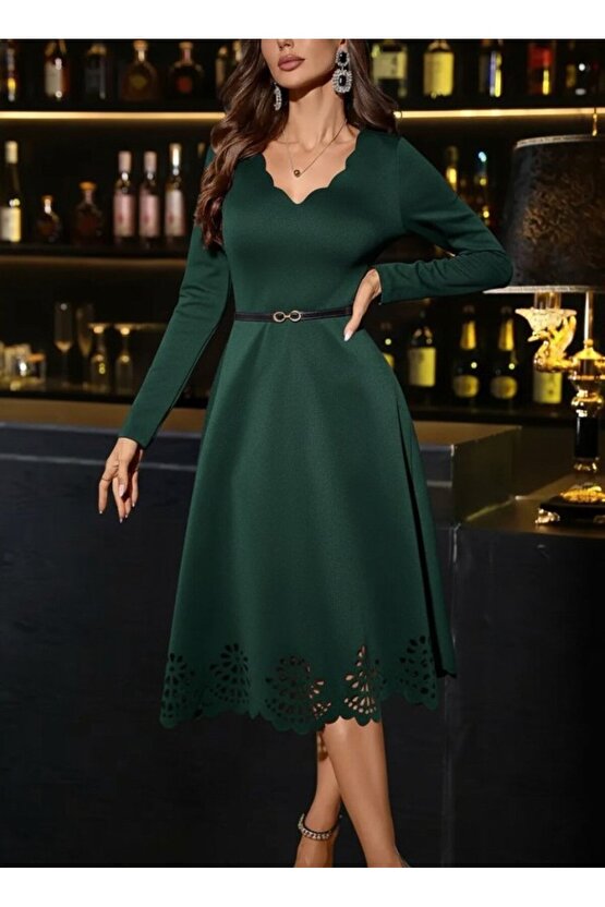 EQURİ Kadın Uzun Kollu V Yakalı Lazer Kesim Detaylı Midi Ithal Krep Elbise