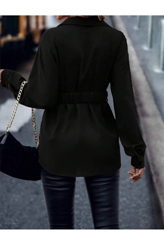 Kadın Uzun Kollu Yakalı önden Düğmeli Belden Kemerli Ithal Krep Bluz