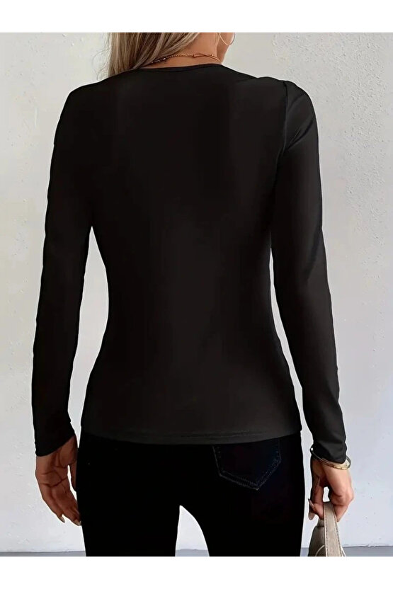 Kadın Uzun Kollu Yakadan Halka Detaylı Viskon Bluz