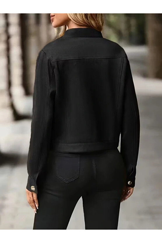 Kadın Uzun Kollu önden Düğmeli Kısa Süet Ceket