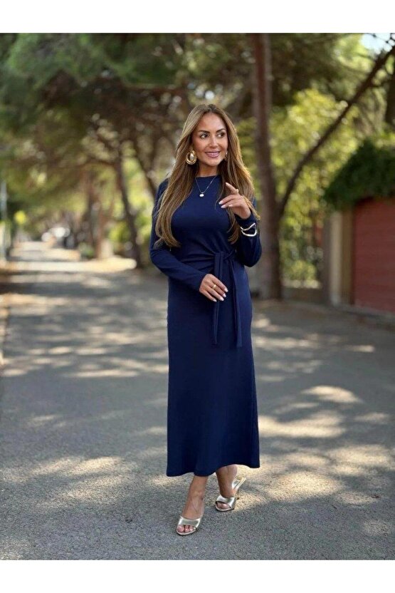 Kadın Uzun Kollu Bisiklet Yaka Yandan Bağlamalı Uzun Modal Elbise