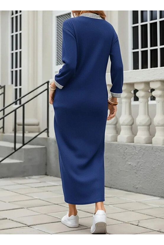 Kadın Uzun Kollu V Yakalı Yanlardan Yırtmaçlı Uzun Viskon Iki Iplik Elbise