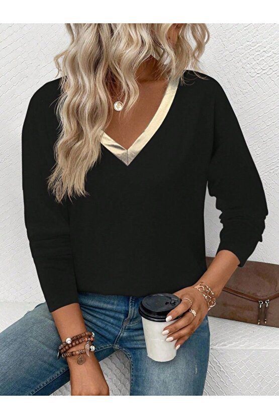 EQURİ Kadın Uzun Kollu V Parlak Yaka Detaylı Viskon Bluz
