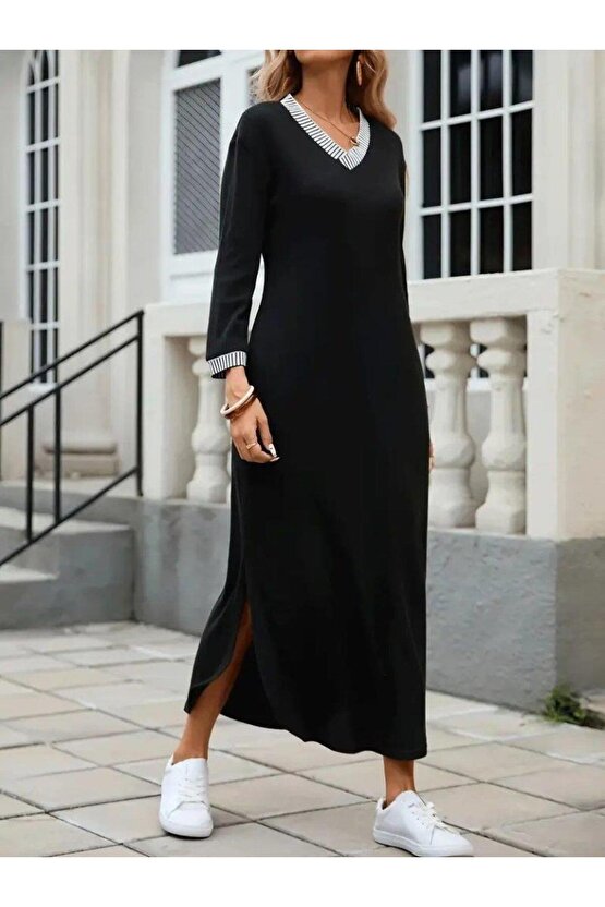 Kadın Uzun Kollu V Yakalı Yanlardan Yırtmaçlı Uzun Viskon Iki Iplik Elbise