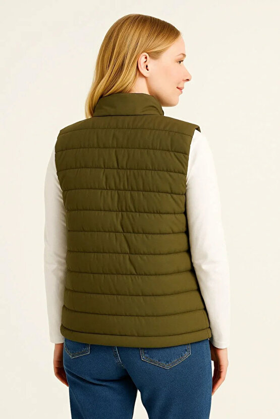 Kadın Şişme Fermuarlı Yelek Su itici Kapitone Astarlı Kumaş Cepli Hafif Kışlık Spor Rahat Kalıp - Ha